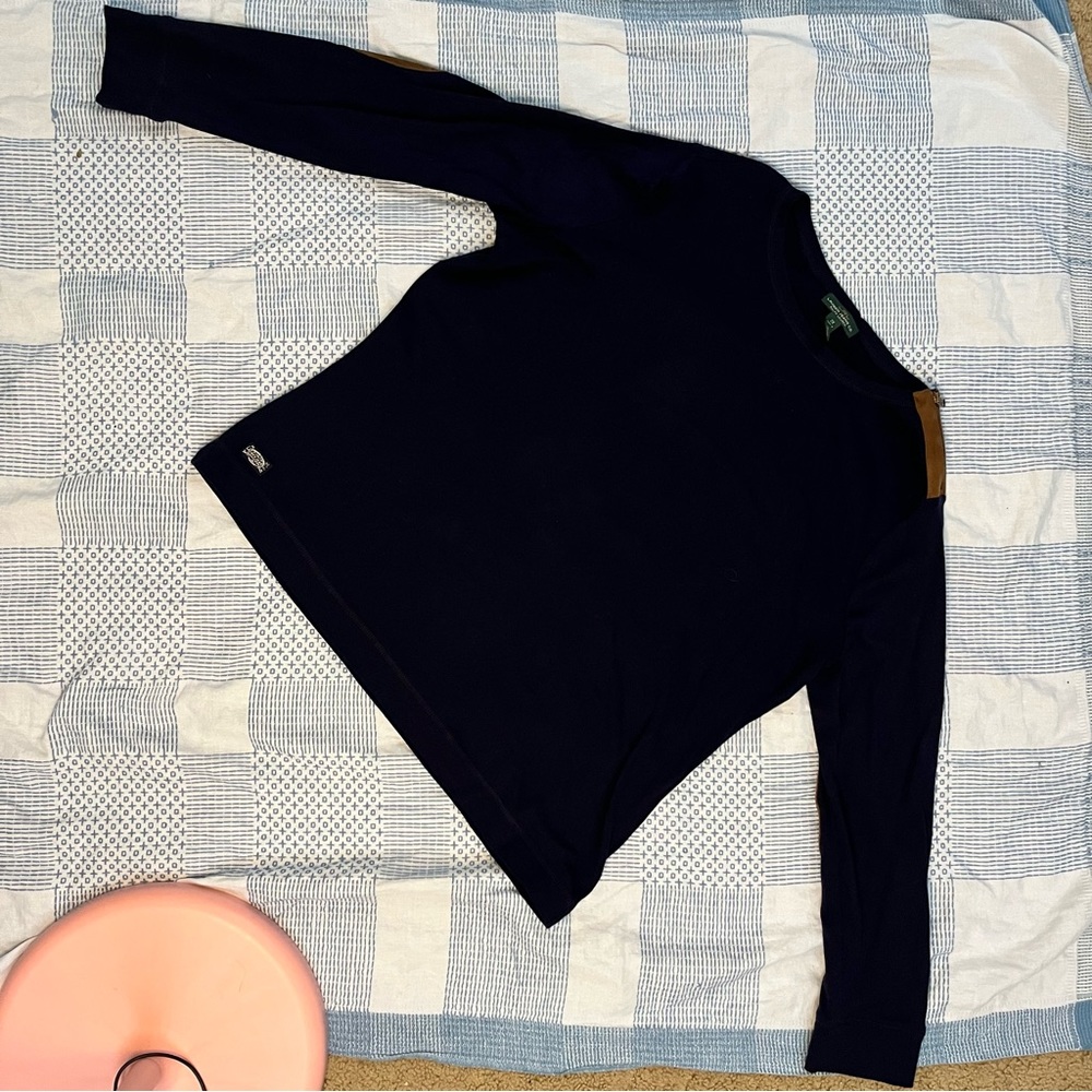 LRL Lauren Jeans Co Navy Knit Top Zippered Shoulder Elbow Patches Women's 2X.